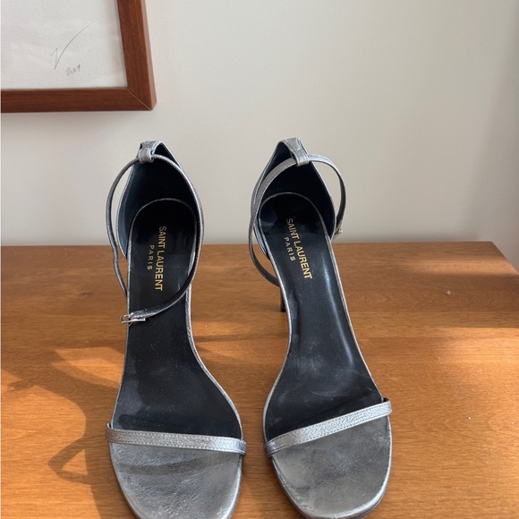 Saint Laurent Amber Metallic Silver Heeled Sandal - Picture 2 of 6